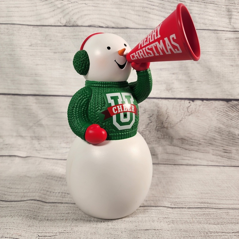 Christmas Snowman Figurine Merry Christmas Megaphone Green Sweater 7.5"